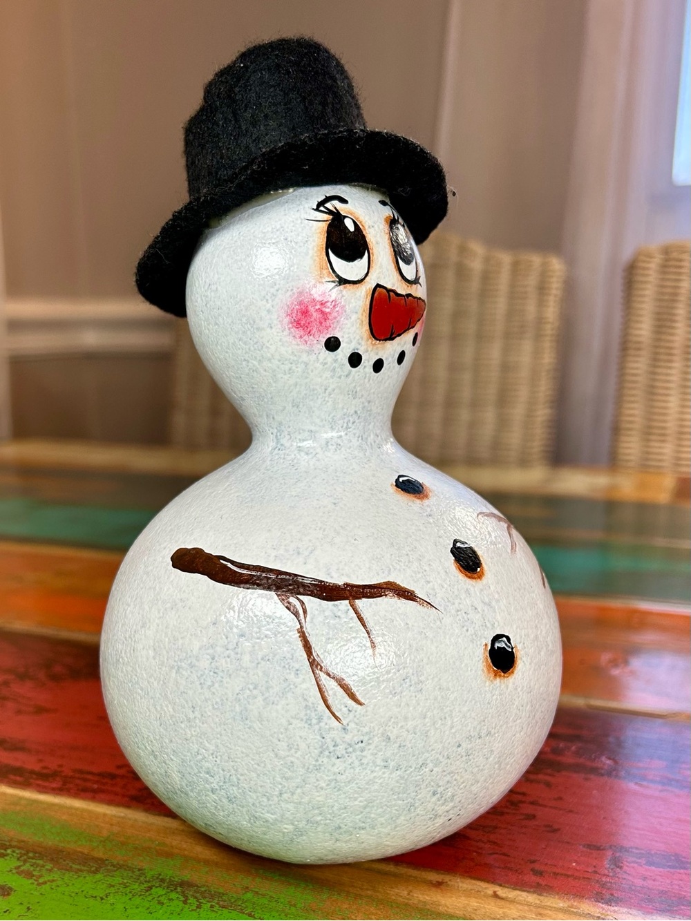 Vintage Hand Painted Gourd Snowman Winter Folk Art Decor Signed 2002 - Picture 2 of 13